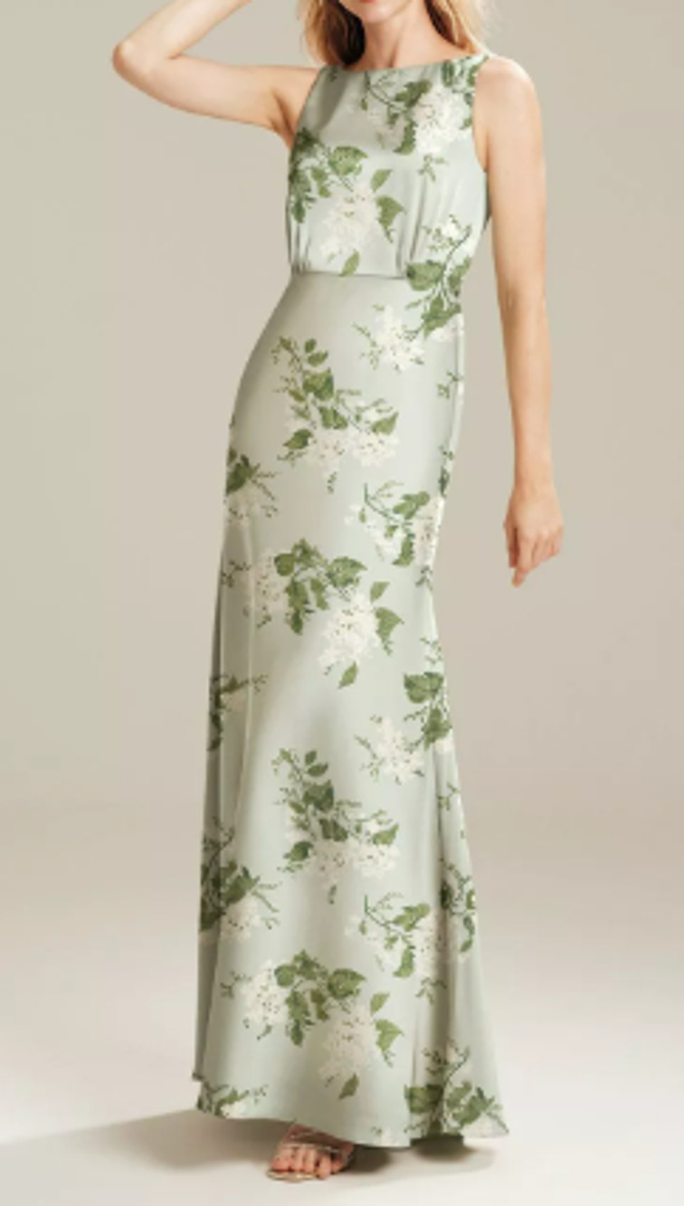 AW BRIDAL 6 S Giselle sage garden party floral satin formal maxi dress NEW B32